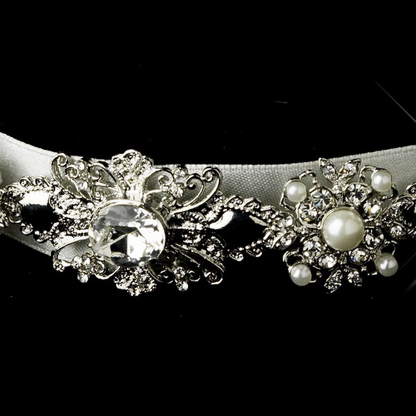 Elegance by Carbonneau HP-931-AS-Ivory Antique Silver Crystal & Ivory Pearl Bridal Ribbon Headband Headpiece 931