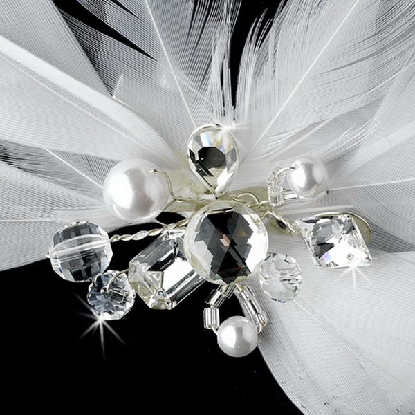 Elegance by Carbonneau Clip-8402 Elegant White Feather Hair Clip Adorn in Pearls Crystals & Rhinestones - Clip 8402