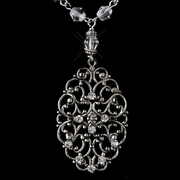 Elegance by Carbonneau N-8738-S-Clear Silver Clear Crystal Swirl Bridal Necklace 8738