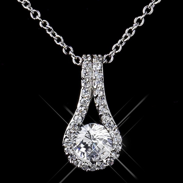 Elegance by Carbonneau N-5834-S-Clear Silver Clear CZ Crystal Pendant Bridal Necklace 5834