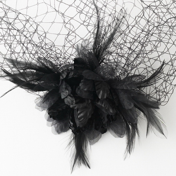 Elegance by Carbonneau HP-7795-Black Dramatic Black Feather Flower Fascinator & Birdcage Veil 7795