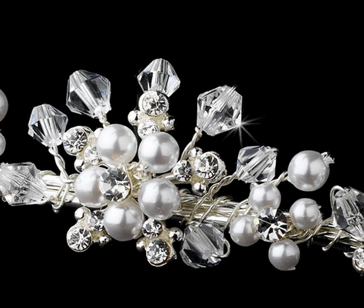 Elegance by Carbonneau HPC-9322 Silver Rhinestone & White Pearl Flowergirl Headpiece HPC 9322