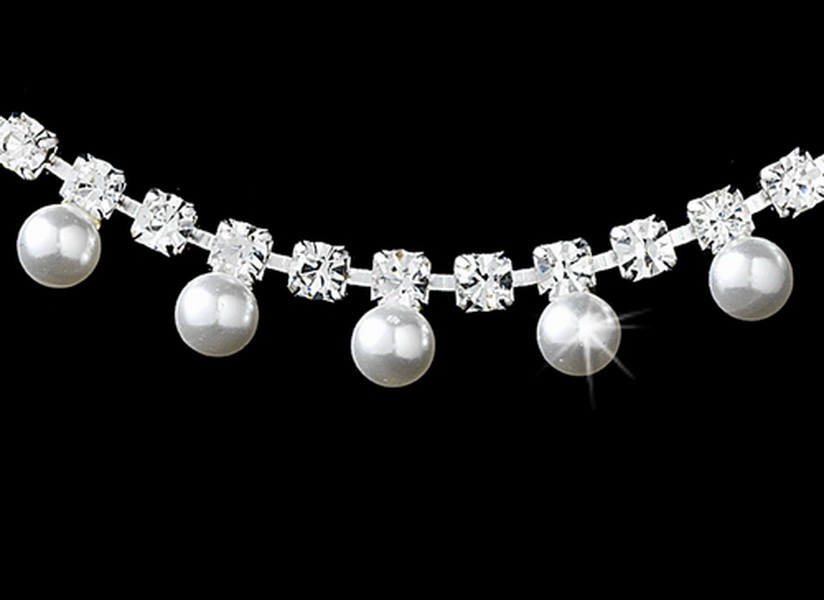 Elegance by Carbonneau NE-120--Silver-White Silver & White Pearl Necklace Earring Set NE 120