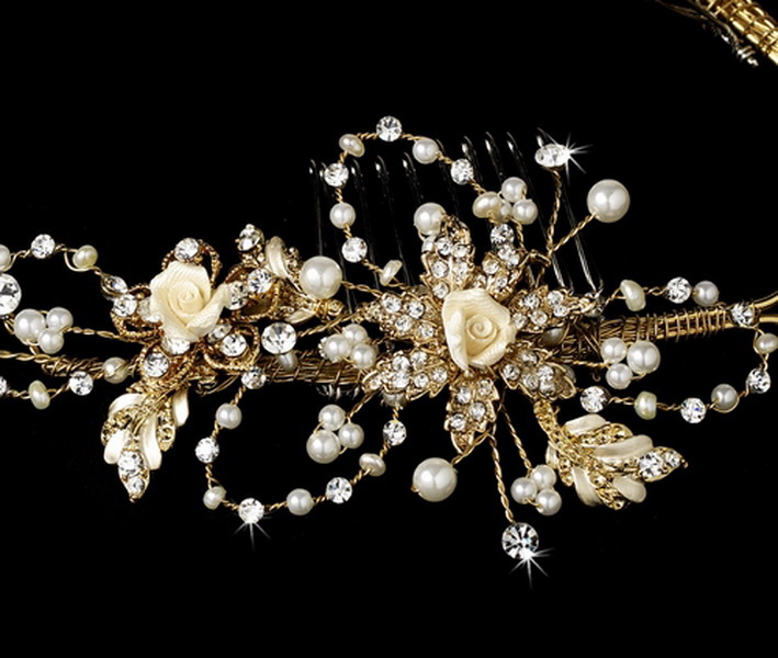 Elegance by Carbonneau HP-7711-Gold-Ivory Crystal & Pearl Vintage Vine Bridal Headpiece HP 7711 (Gold or Silver)