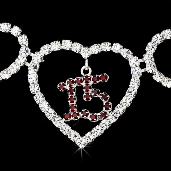 Elegance by Carbonneau NE-460-15-Silver-Burgundy Burgundy Rhinestone Sweet 15 Quincea?era Heart Necklace & Earring Set NE 460