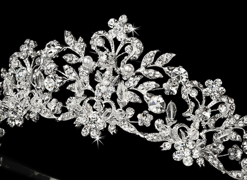Elegance by Carbonneau HP-7102-Silver-White Swarovski Crystal and White Pearl Bridal Tiara HP 7102