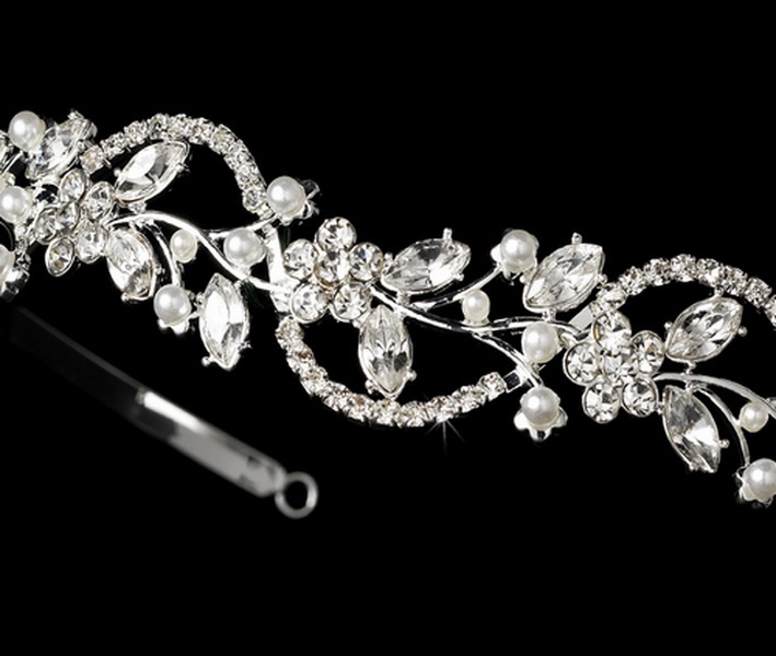 Elegance by Carbonneau HP-392-Wh Crystal and Pearl Wedding Floral Tiara Headband HP 392