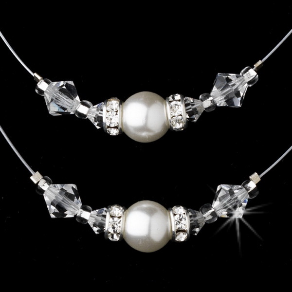 Elegance by Carbonneau NE-8359-Silver-White Necklace Earring Set NE 8359 Silver White