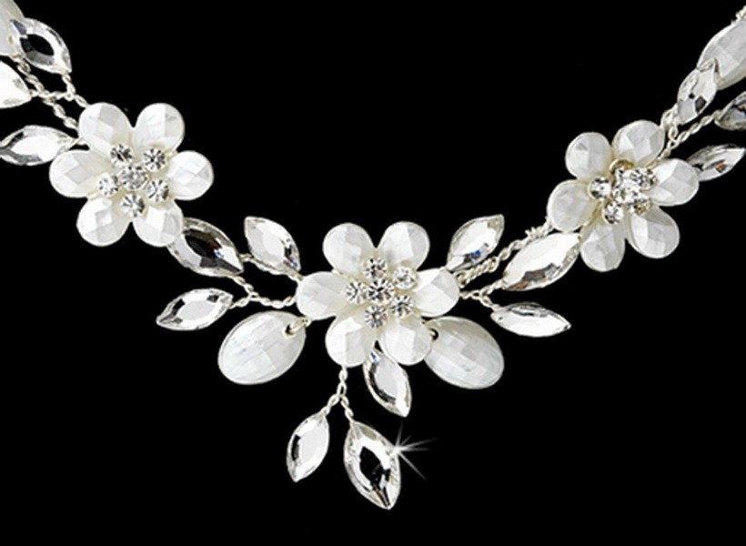 Elegance by Carbonneau NE-8309--Silver-White Silver Floral Bridal Jewelry Set NE 8309