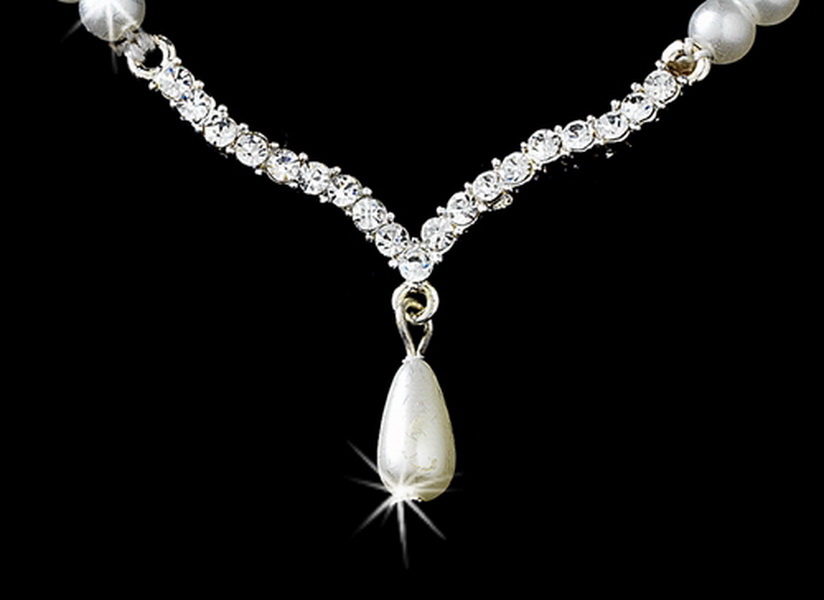 Elegance by Carbonneau NE-129--Silver-White Silver & White Pearl Necklace and Earring Set NE 129