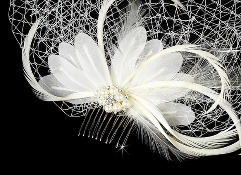 Elegance by Carbonneau Comb-7797 Dainty Pearl & Feather Flower Fascinator & Cage Veil Comb/Clip in White or Ivory 7797