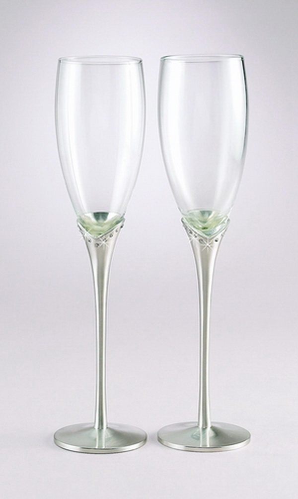 Elegance by Carbonneau FL-21083 Glass Wedding Toasting Flutes with Matt Silver Crystal Stem FL 21083