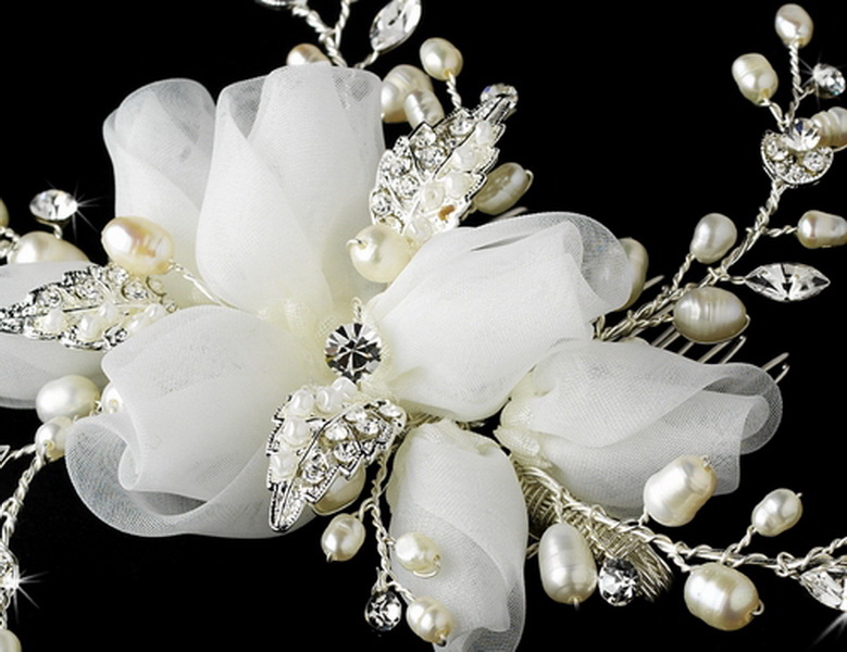 Elegance by Carbonneau Comb-8110-S Silver Patten Pearl Rose Comb 8110