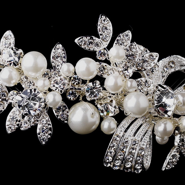 Elegance by Carbonneau HP-939-AS-Clear Antique Silver Crystal Pearl Bridal Headpiece HP 939