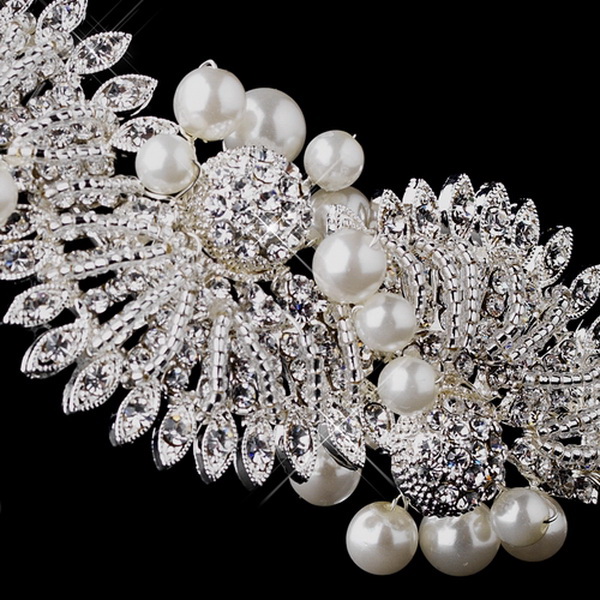 Elegance by Carbonneau HP-945-AS-Clear Silver Crystal & Ivory Pearl Headband HP 945