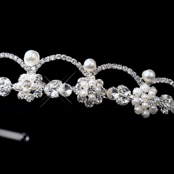 Elegance by Carbonneau HP-2555-S-White Silver White Pearl & Clear Rhinestone Headpiece 2555