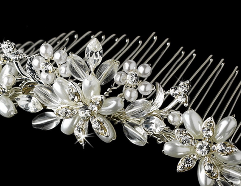 Elegance by Carbonneau Comb-7721-S-White Pearl & Crystal Silver Bridal Comb 7721 Silver White