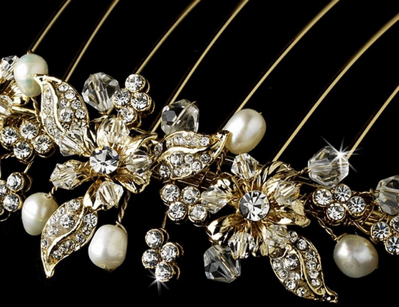 Elegance by Carbonneau Comb-8837-G Stunning Gold Floral Bridal Hair Comb w/ Rhinestones & Swarovski Crystals 8837