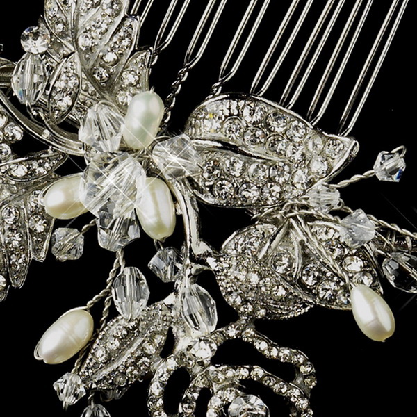 Elegance by Carbonneau Comb-758-AS-FW Antique Silver Freshwater Pearl, Swarovski Crystal & Rhinestone Flower and Leaf Hair Comb 758