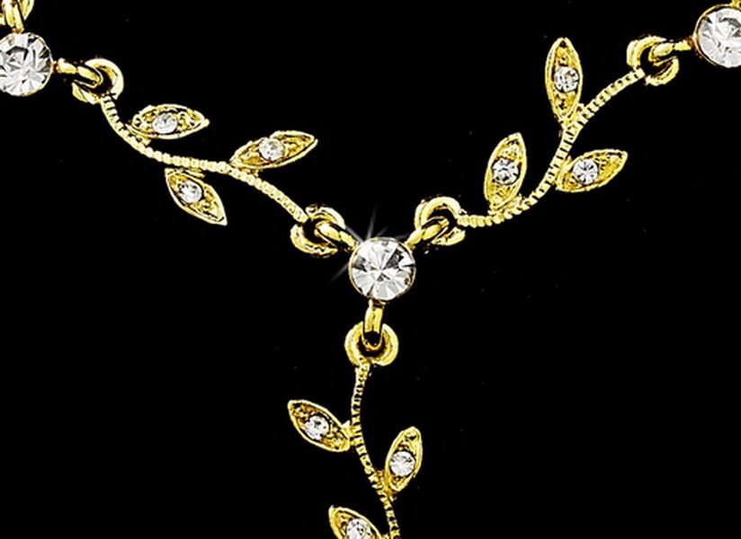 Elegance by Carbonneau NE-328-Dangle-Gold-Clear-Topaz Gold Clear Topaz Dangle Floral Bridal Set NE 328