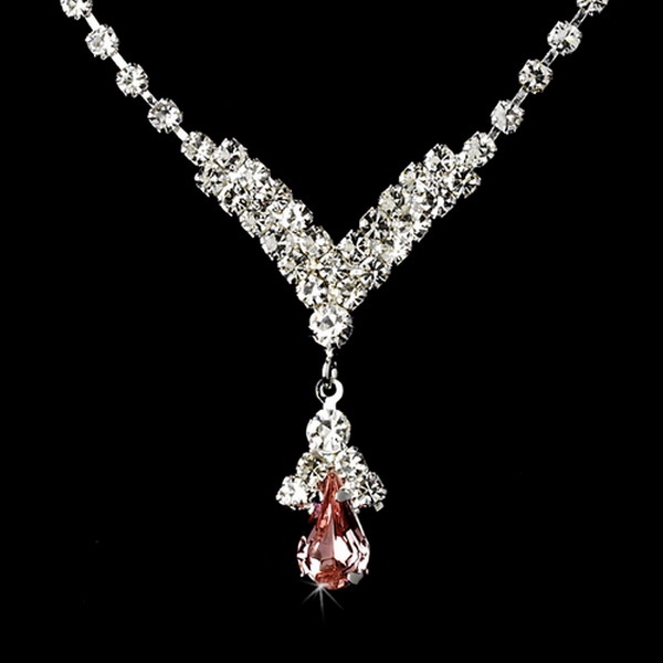 Elegance by Carbonneau NE344silverpink Silver Pink Crystal Drop Jewelry Set NE 344