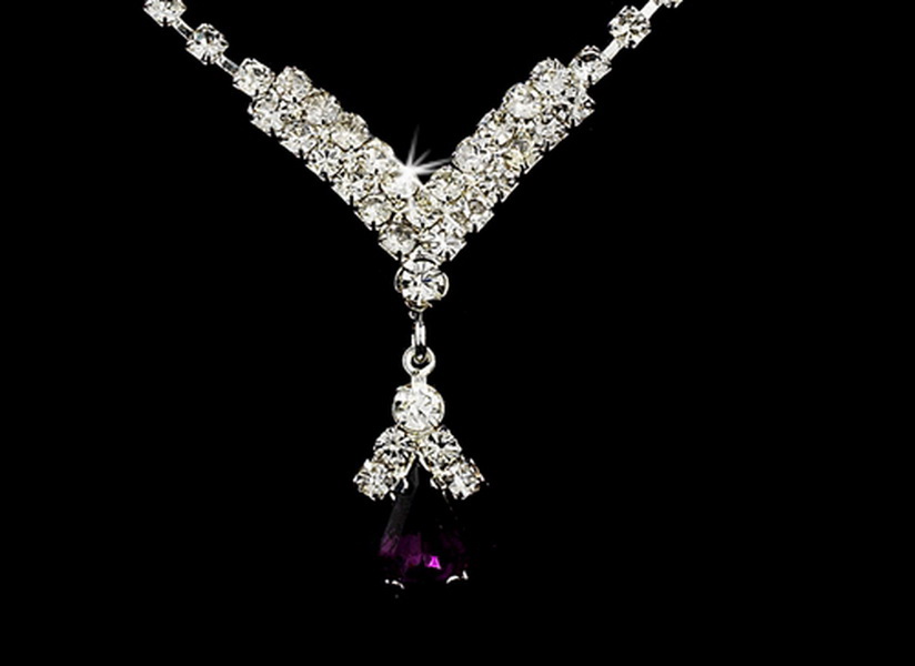 Elegance by Carbonneau NE-344-Silver-Dark-Amethyst Silver Dark Amethyst Crystal Drop Jewelry Set NE 344