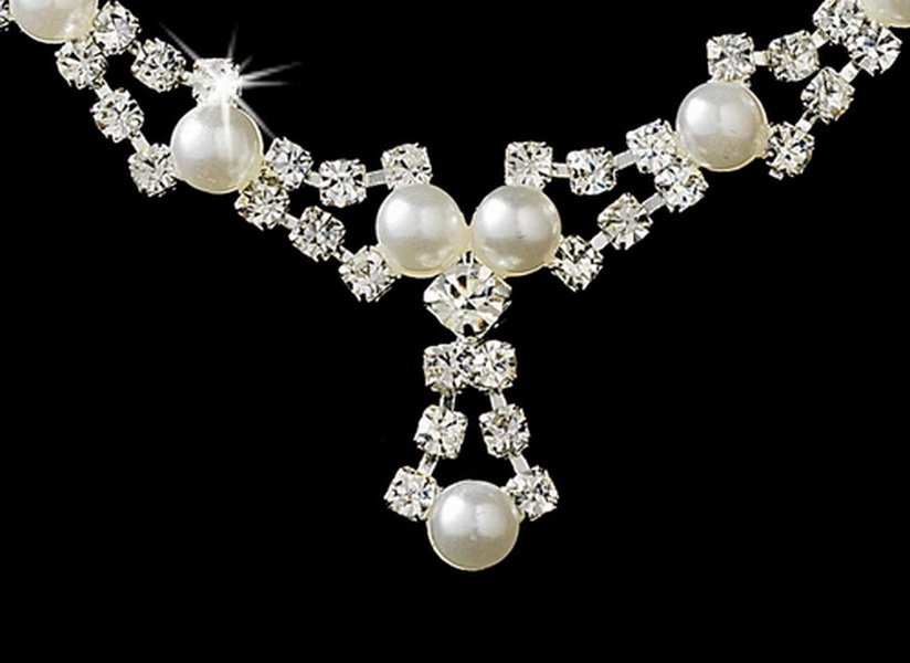 Elegance by Carbonneau NE-228--Silver-White Silver White Pearl Necklace Earring Set NE 228