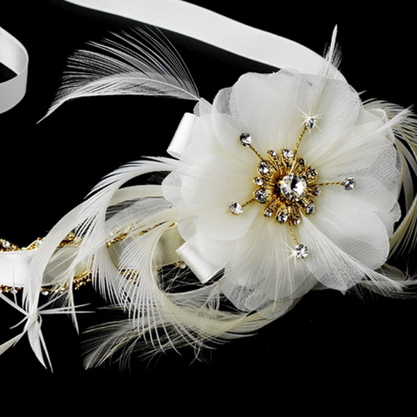 Elegance by Carbonneau HP-8531 Gold Accented Ivory Ribbon Bridal Headpiece HP 8531 (Silver or Gold)