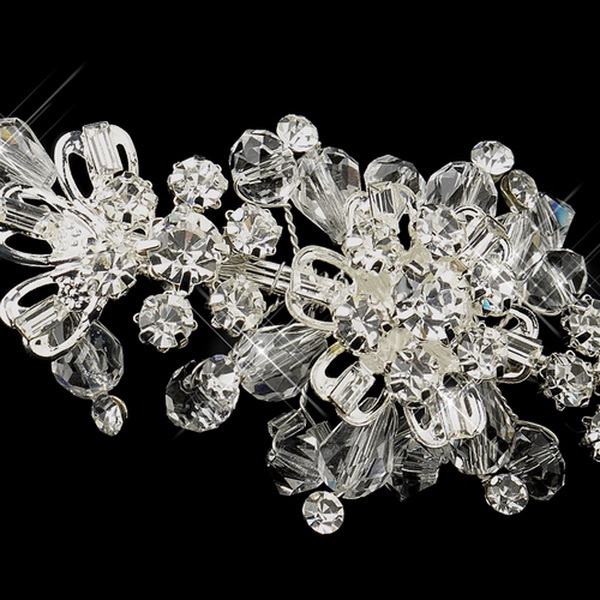 Elegance by Carbonneau HP-8436-S-Clear Silver Clear Swarovski Crystal & Round Rhinestone Floral Side Accented Headpiece 8436