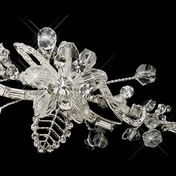 Elegance by Carbonneau HP-8441-S-Clear Silver Clear Swarovski Crystal Floral Leaf Side Accented Headpiece 8441