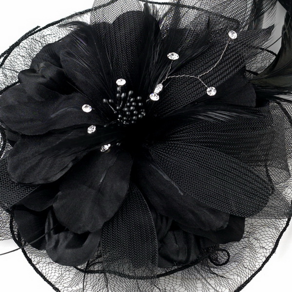 Elegance by Carbonneau Clip-1772-Black Black Feather & Rhinestone Flower Fascinator Hair Clip 1772