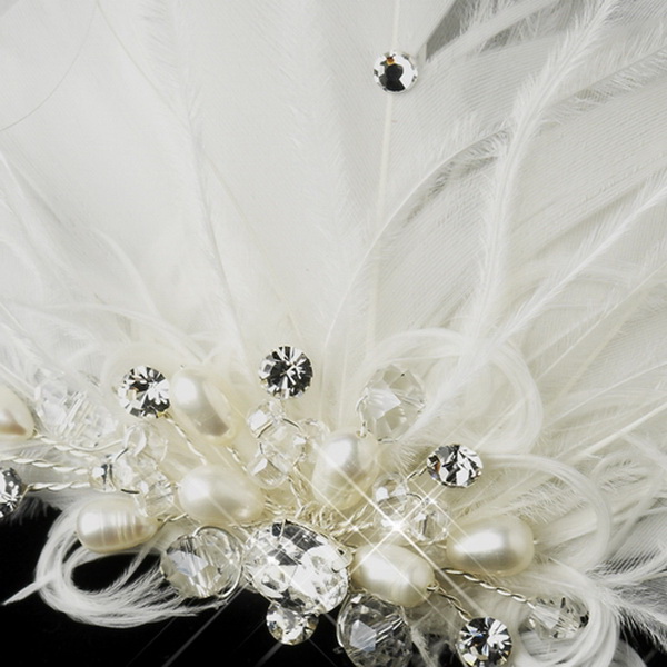 Elegance by Carbonneau Clip-3578 Silver Ivory Feather Clip w/ Freshwater Pearl & Crystal 3578