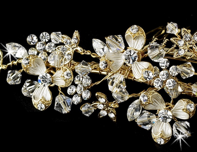 Elegance by Carbonneau Comb-058-G Gold Floral Accented Crystal Versatile Comb-058