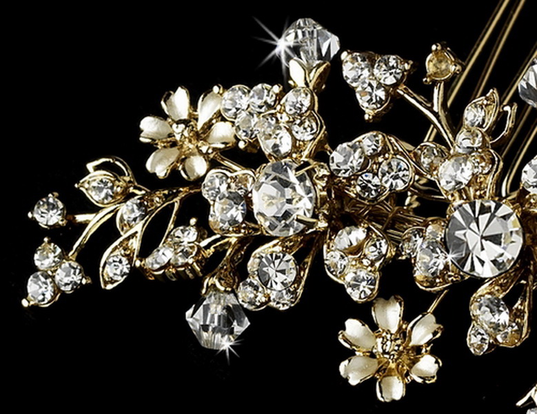 Elegance by Carbonneau Comb-8005-G-Clear Gold Floral Swarovski Crystal Bridal Hair Comb 8005