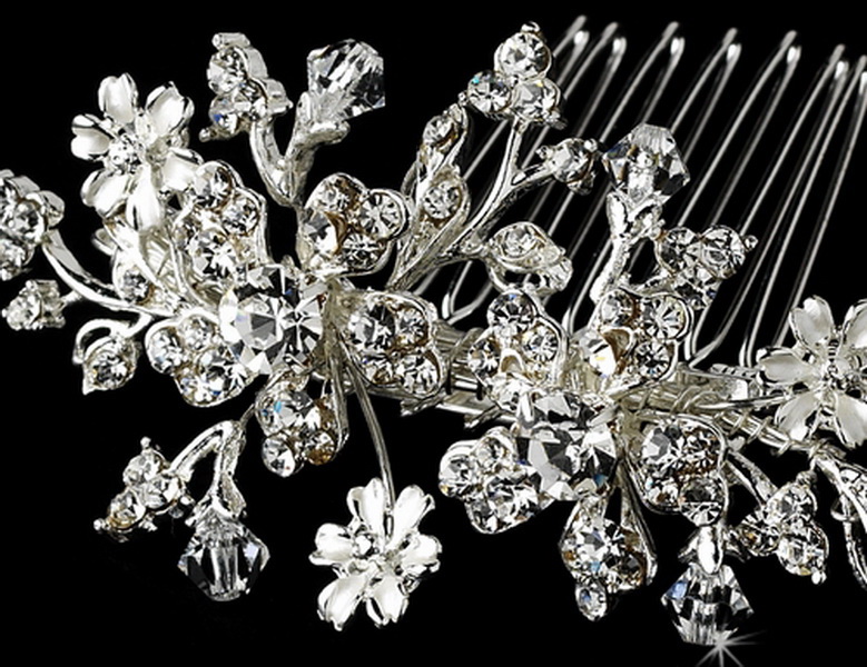 Elegance by Carbonneau Comb-8005-S Versatile Silver Floral Hair Comb & Brooch w/ Swarovski Crystals 8005