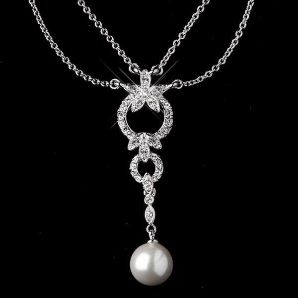 Elegance by Carbonneau N-9956-E-9956-AS-Ivory Antique Silver Ivory Pearl Drop & Clear CZ Crystal Necklace & Earrings Bridal Jewelry 9956