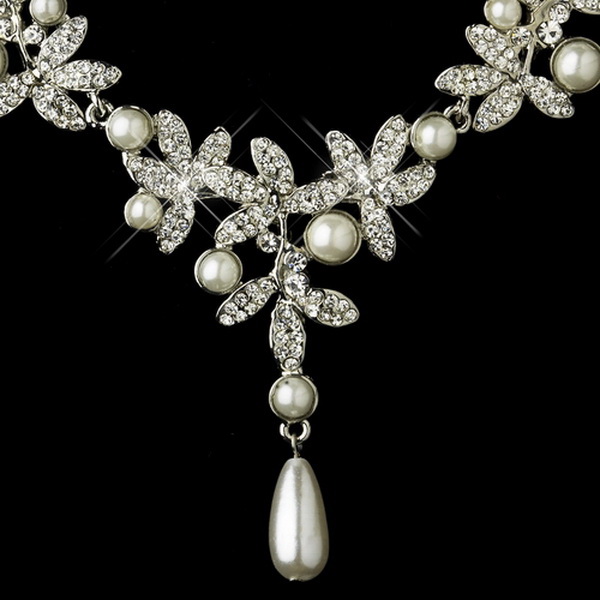 Elegance by Carbonneau NE-8017-AS-DW Antique Silver Diamond White Pearl Accents Necklace & Earrings Bridal Jewelry Set 8017