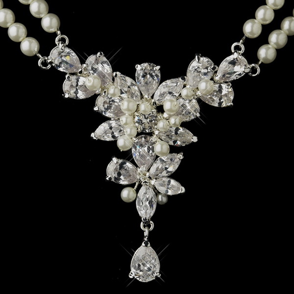 Elegance by Carbonneau NE-8701-S-Ivory Silver Ivory Pearl & Floral CZ Necklace & Earrings Bridal Jewelry Set 8701