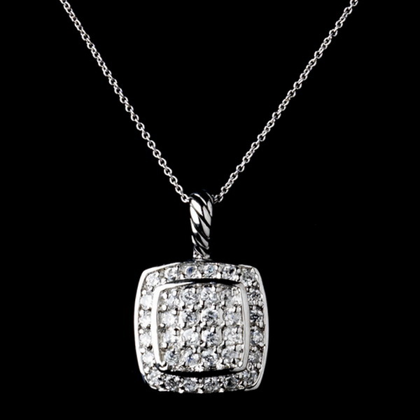 Elegance by Carbonneau N-9989-E-9989-SS-Clear Solid 925 Sterling Silver Clear CZ Crystal Square Pave Pendent Drop Necklace & Earrings Jewelry Set 9989