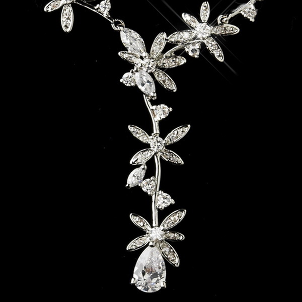 Elegance by Carbonneau N-2621-E-5265-AS-Clear Antique Silver Clear CZ Crystal Floral Necklace 2621 & Earrings 5265 Bridal Jewelry Set