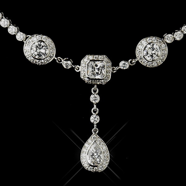 Elegance by Carbonneau N-8103-E-8106-AS-Clear Antique Silver Clear Multi Cut CZ Stone Necklace 8103 & Earrings 8106 Bridal Jewelry Set
