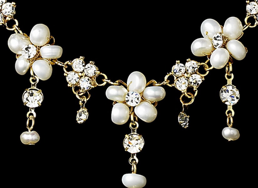 Elegance by Carbonneau Set-NE8263-HP-8452-Gold Swarovski Crystal, Gold & Pearl Bridal Tiara Set NE 8263 & HP 8452