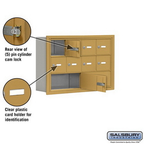 Salsbury Industries 19035-10GRK Cell Phone Storage Locker - 3 Door High Unit (5 Inch Deep Compartments) - 8 A Doors and 2 B Doors - Gold - Recessed Mounted - Master Keyed Locks
