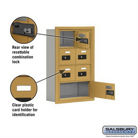 Salsbury Industries 19045-07GRC Cell Phone Storage Locker - 4 Door High Unit (5 Inch Deep Compartments) - 6 A Doors and 1 B Door - Gold - Recessed Mounted - Resettable Combination Locks