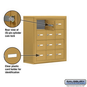 Salsbury Industries 19048-12GSK Cell Phone Storage Locker - 4 Door High Unit (8 Inch Deep Compartments) - 12 A Doors - Gold - Surface Mounted - Master Keyed Locks