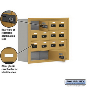 Salsbury Industries 19048-14GRC Cell Phone Storage Locker - 4 Door High Unit (8 Inch Deep Compartments) - 12 A Doors and 2 B Doors - Gold - Recessed Mounted - Resettable Combination Locks