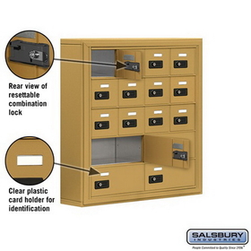 Salsbury Industries 19055-16GSC Cell Phone Storage Locker - 5 Door High Unit (5 Inch Deep Compartments) - 12 A Doors and 4 B Doors - Gold - Surface Mounted - Resettable Combination Locks
