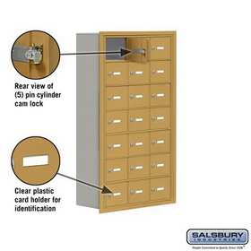 Salsbury Industries 19078-21GRK Cell Phone Storage Locker - 7 Door High Unit (8 Inch Deep Compartments) - 21 A Doors - Gold - Recessed Mounted - Master Keyed Locks