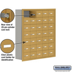 Salsbury Industries 19078-35GRK Cell Phone Storage Locker - 7 Door High Unit (8 Inch Deep Compartments) - 35 A Doors - Gold - Recessed Mounted - Master Keyed Locks
