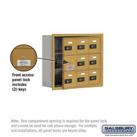 Salsbury Industries 19135-09GRC Cell Phone Storage Locker-with Front Access Panel-3 Door High Unit (5 Inch Deep Compartments)-9 A Doors (8 usable)-Gold-Recessed Mounted-Resettable Combination Locks
